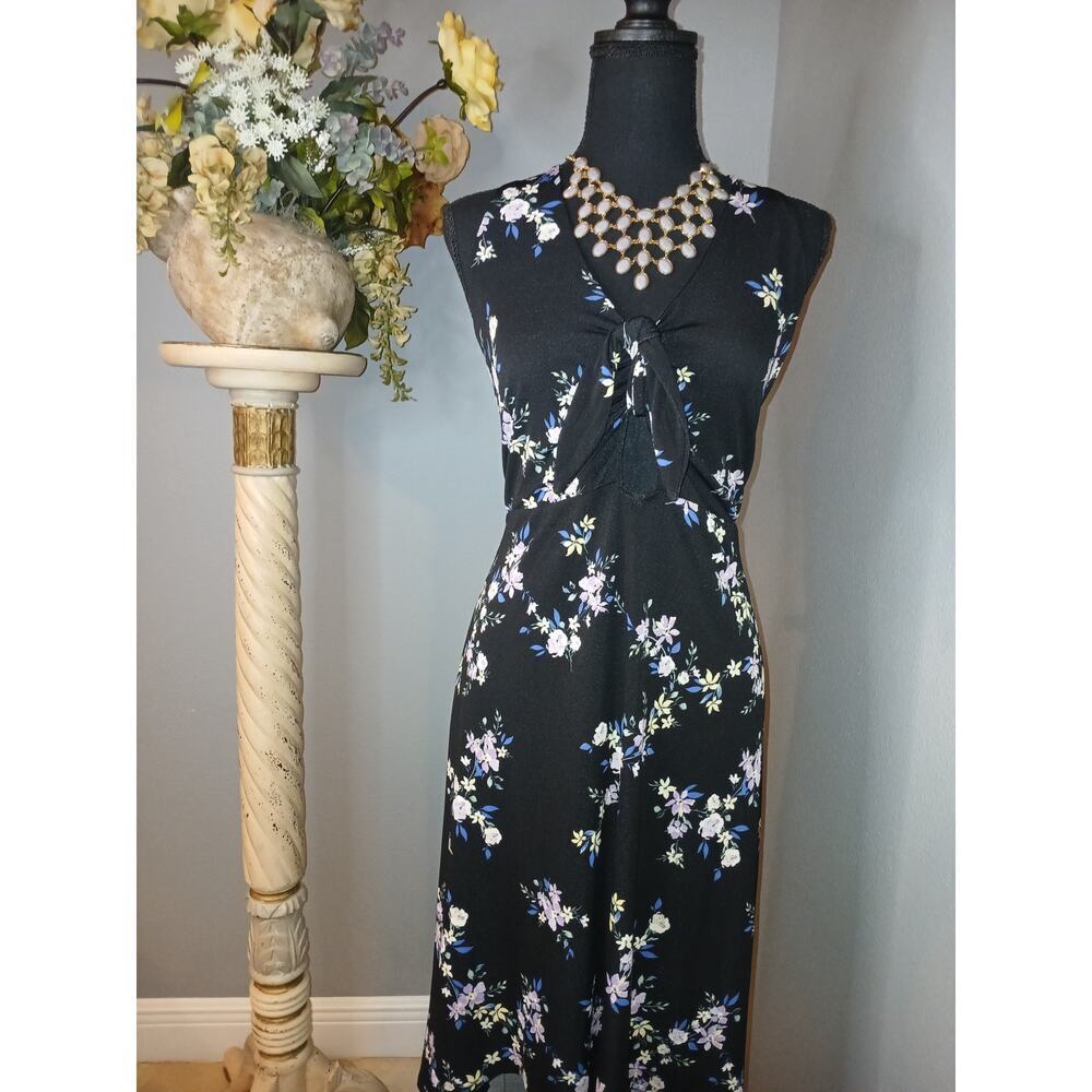Candies Sheath Dress Womens XL Black Floral Cut Out Knot V-Neck Sleeveless - Picture 2 of 9
